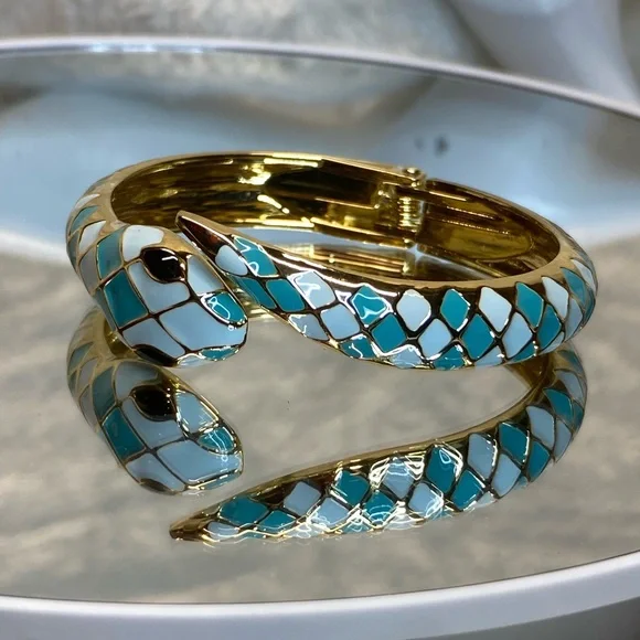 Snake Cuff Bracelet Gold-plated Inlaid Teal & White Enamel Bangle Bracelet sze 8